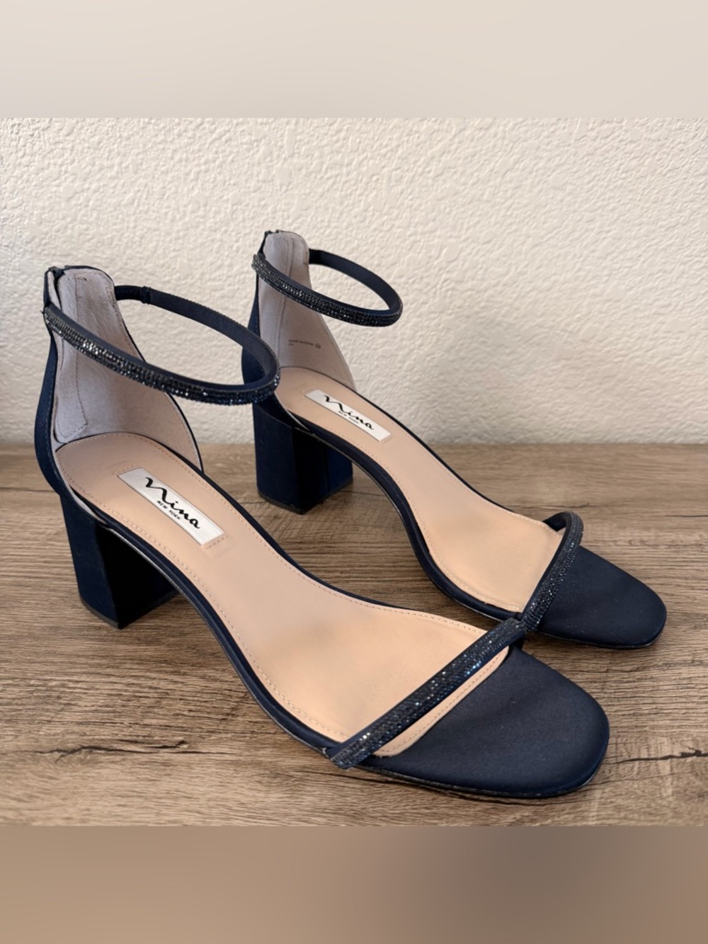 Nina Barby Block Heel Dress Sandal Women's Navy Blue Satin Rhinestone Size 10M